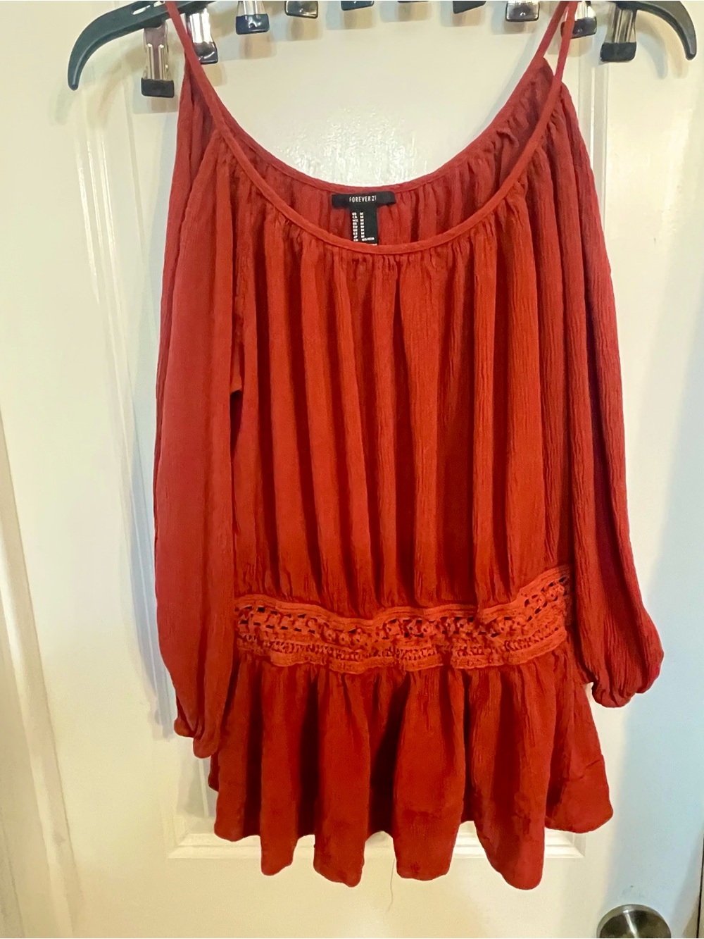 Forever 21 Burnt Orange Off-Shoulder Crochet-Waist Tunic